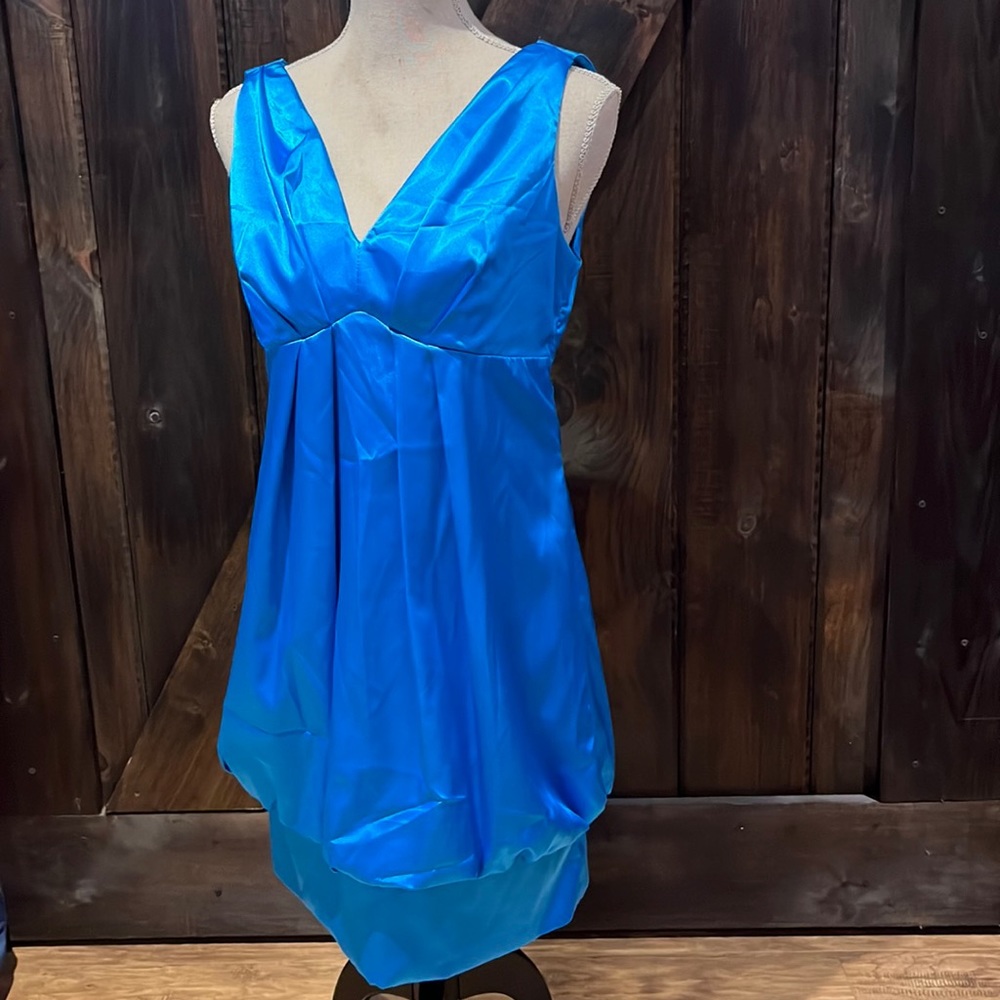 Blue mini/midi length padded silky looking dress with beautiful back